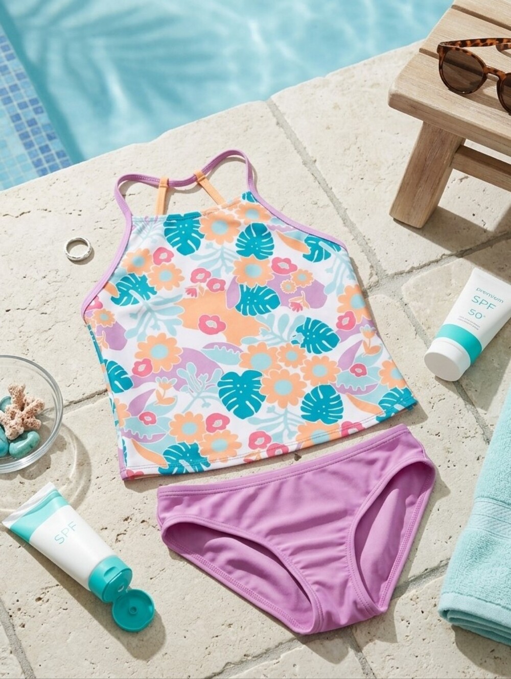 Speedo Girl's Size 8 Purple Tropical Floral Tankini Swimsuit